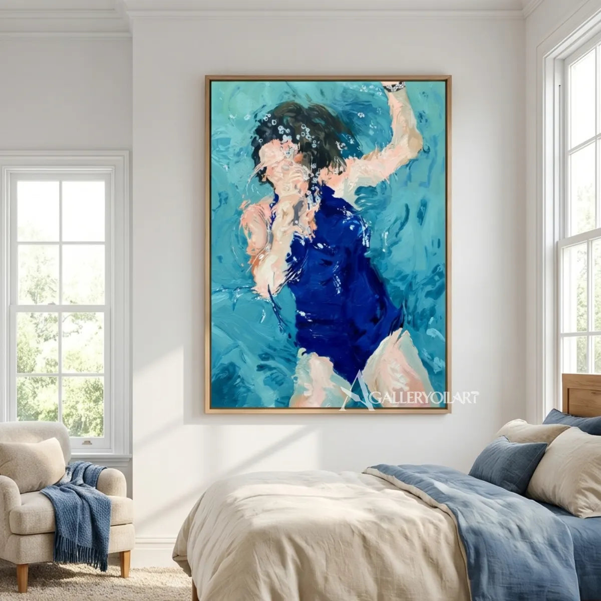 Woman-in-a-deep-blue-dress-with-an-arched-arm-in-a-painterly-portrait-displayed-in-a-bedroom