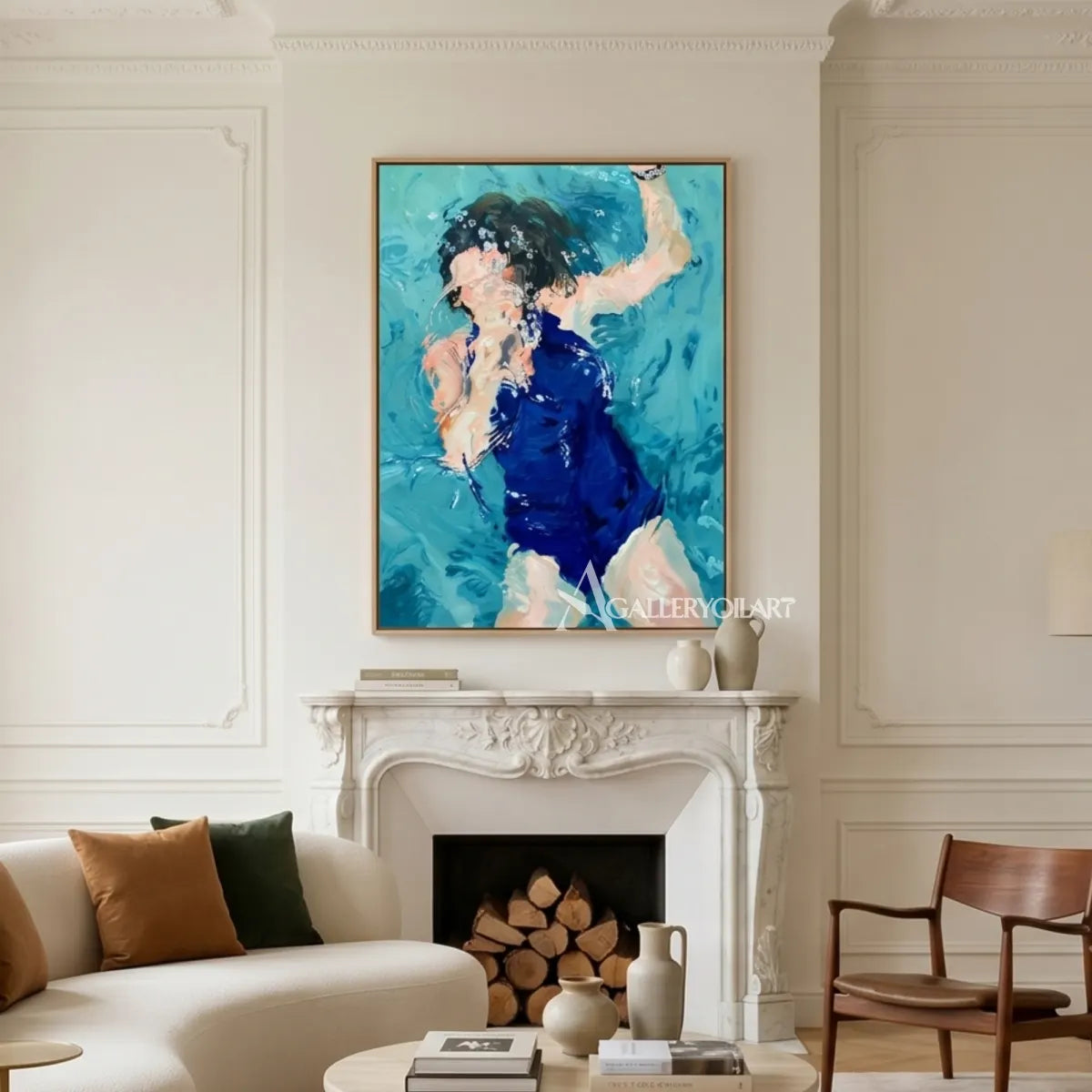 Woman-in-a-blue-dress-raising-an-arm-in-a-lively-portrait-painting-above-a-fireplace-lounge