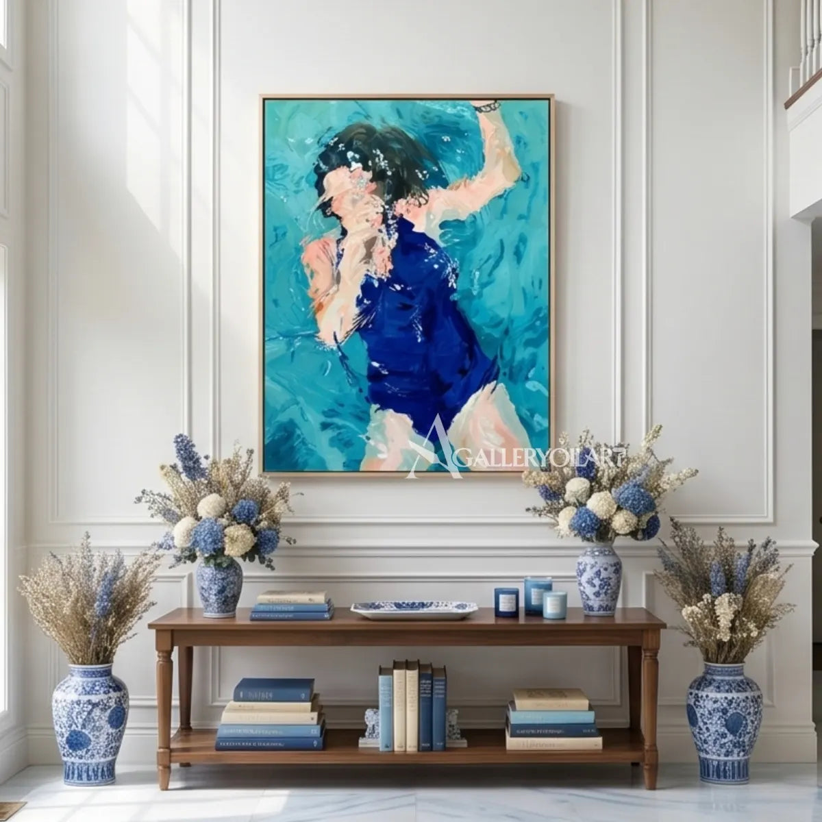 Expressive-blue-dressed-figure-with-an-upraised-arm-in-a-portrait-painting-in-a-room-with-floral-arrangements