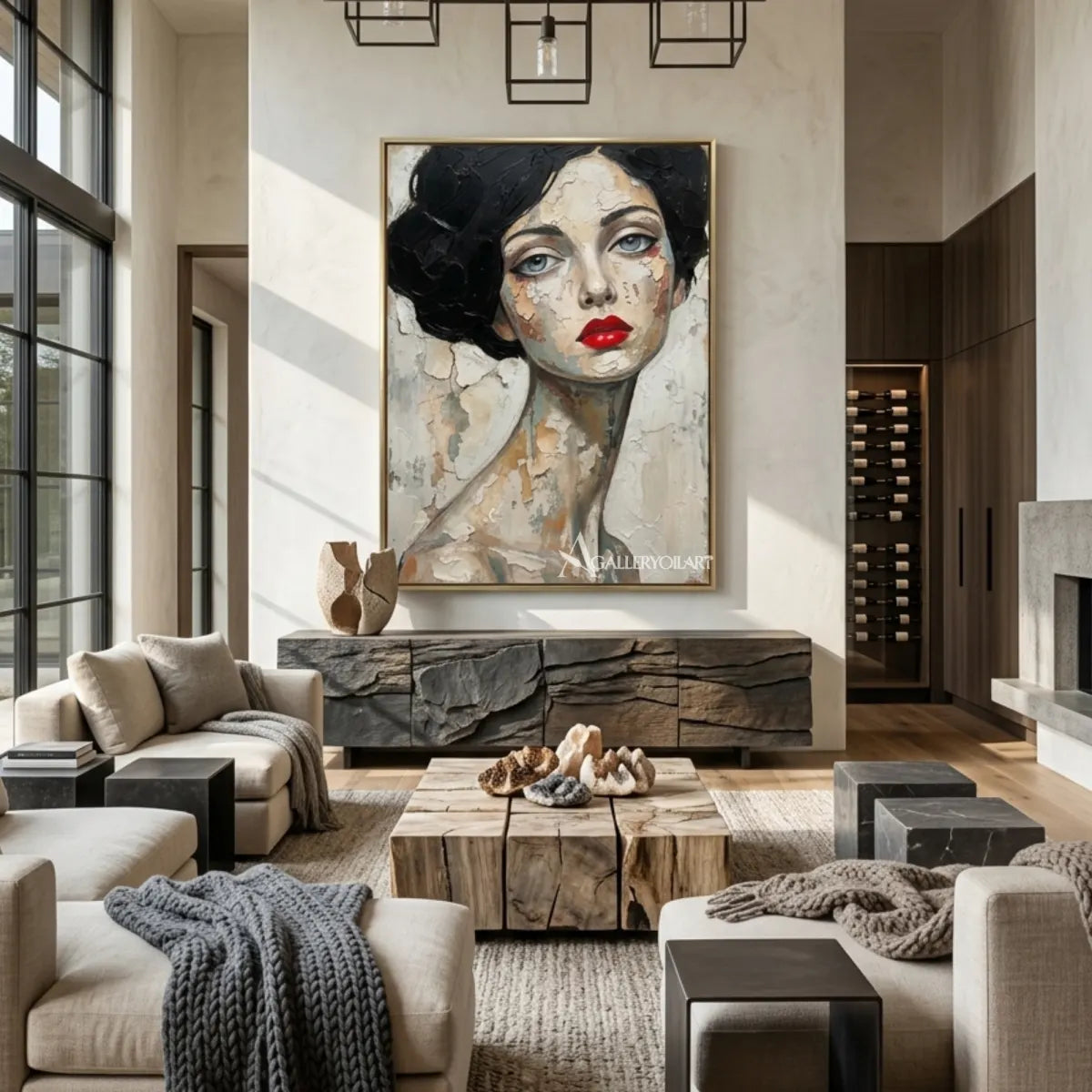 Close-up-woman-with-dark-curled-hair-and-red-lips-portrait-art-in-a-contemporary-gathering-room