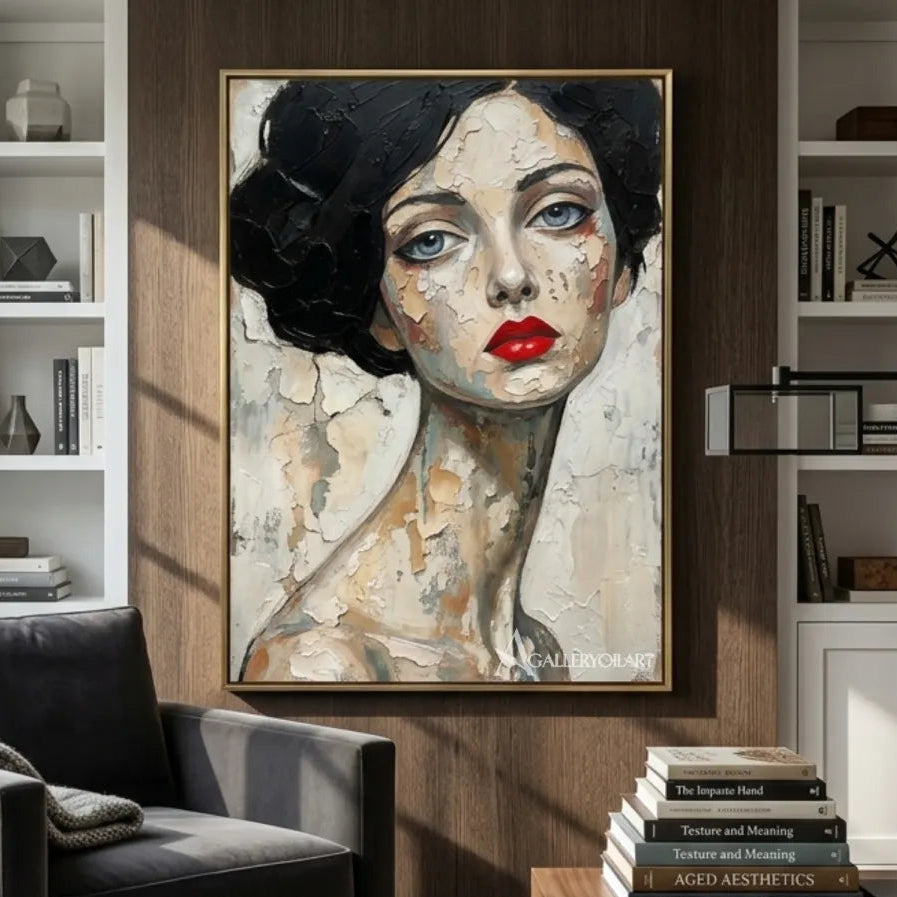 Close-up-woman-with-dark-curled-hair-and-red-lips-portrait-art-in-a-library-lounge-with-neutral-colors