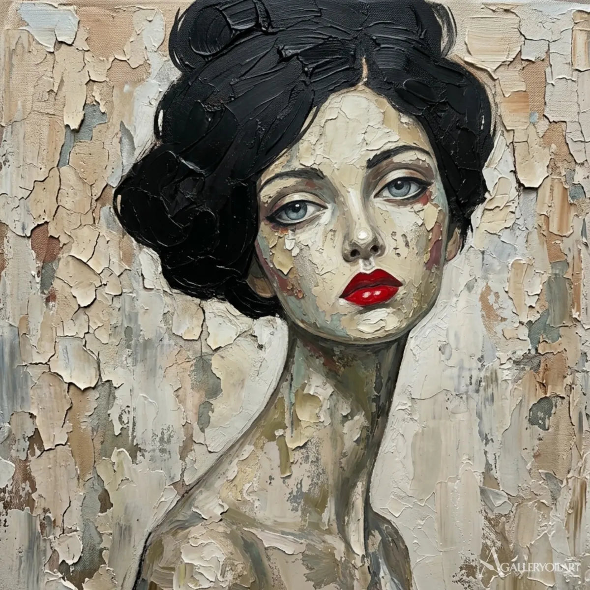 Close-up-of-dark-curled-hair-and-red-lips-in-painterly-portrait-art-with-beige-and-cream-texture