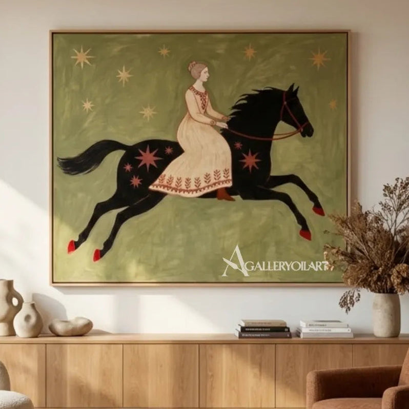 Rider-on-dark-horse-western-cowboy-art-in-a-contemporary-gathering-room-with-olive-green-tones