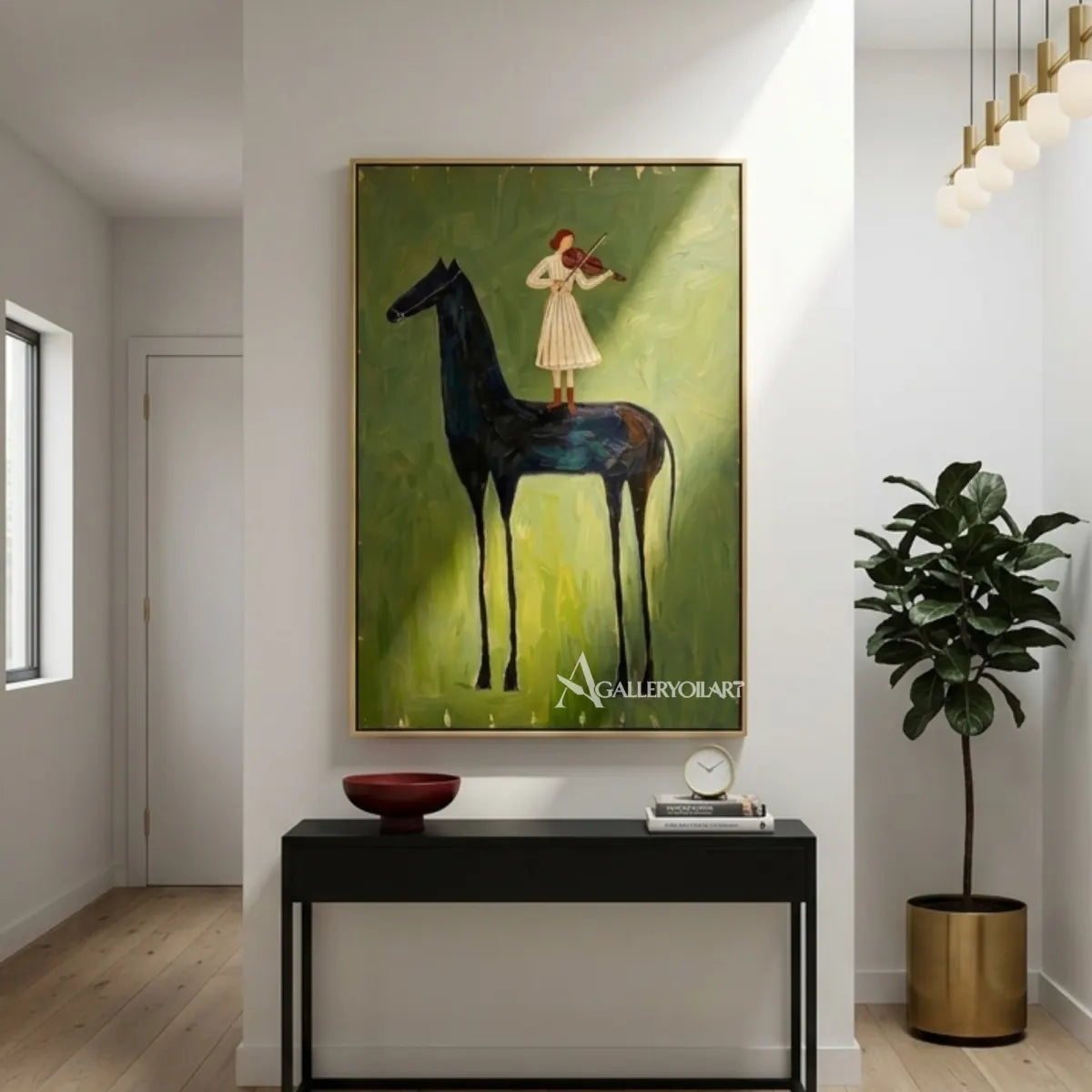 Tall-black-horse-and-violinist-in-a-painterly-green-and-cream-scene