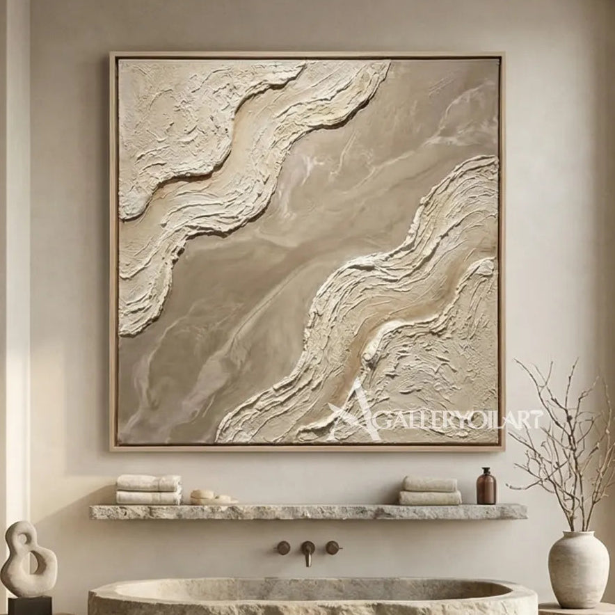 Divided-sculpted-currents-textured-3D-beige-wall-art-in-a-stone-bathroom