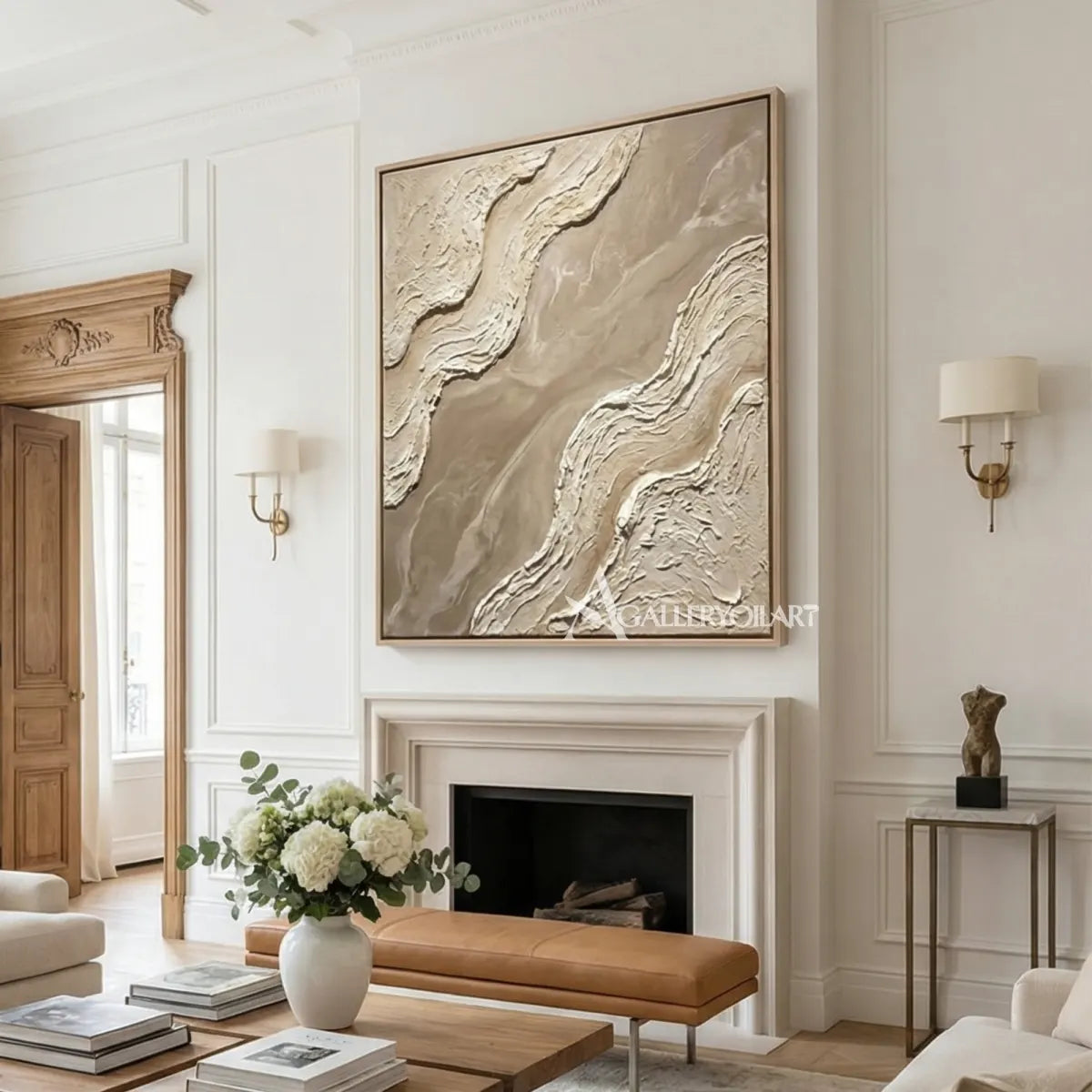 Divided-sculpted-currents-textured-3D-beige-wall-art-above-a-classic-fireplace