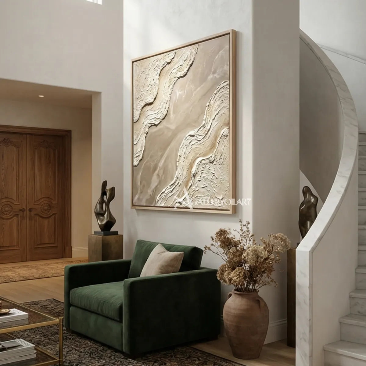 Divided-sculpted-currents-textured-3D-beige-wall-art-beside-a-dark-green-chair