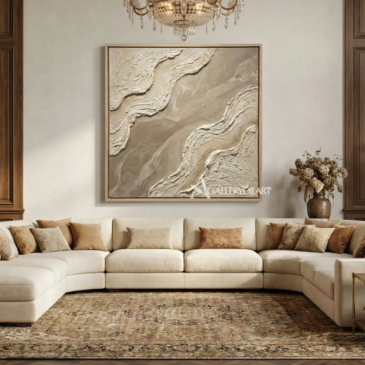 Divided-sculpted-currents-textured-3D-beige-wall-art-above-a-neutral-sectional