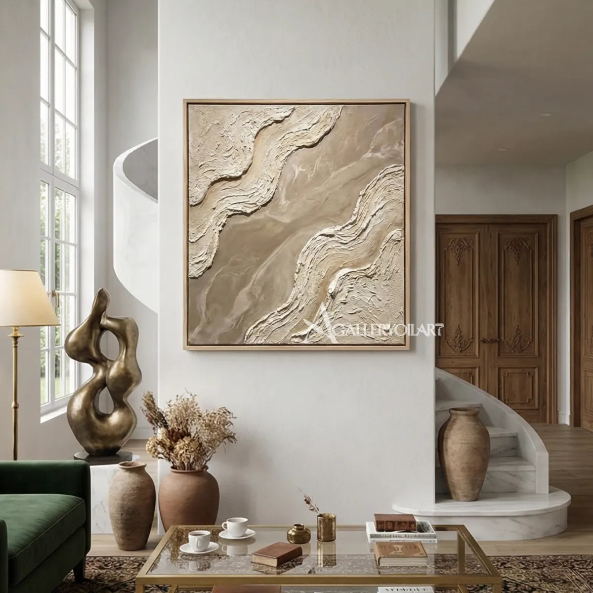 Divided-sculpted-currents-textured-3D-beige-wall-art-beside-a-curved-stairway