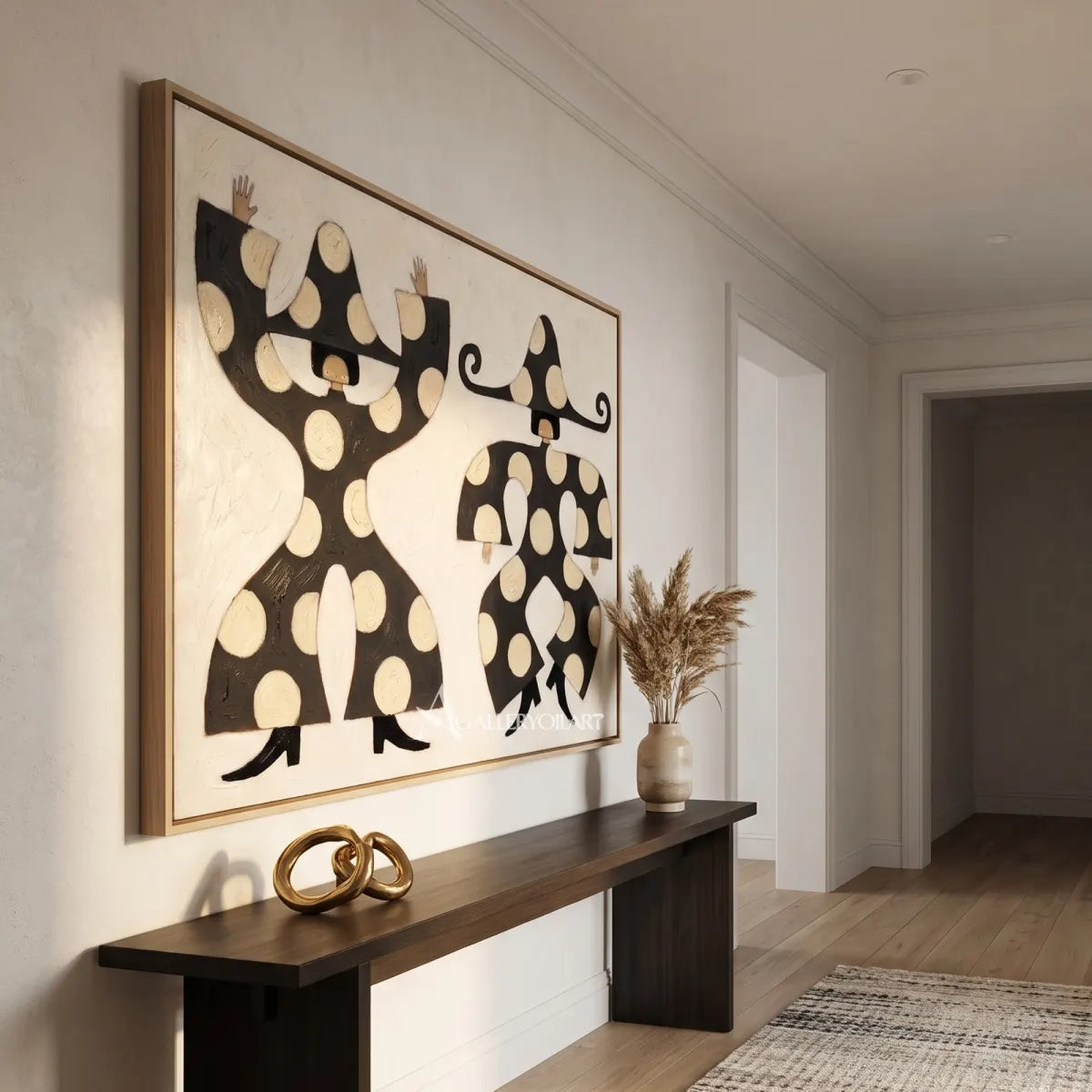 folk-art-pair-in-black-and-cream-viewed-at-an-angle-in-a-hallway
