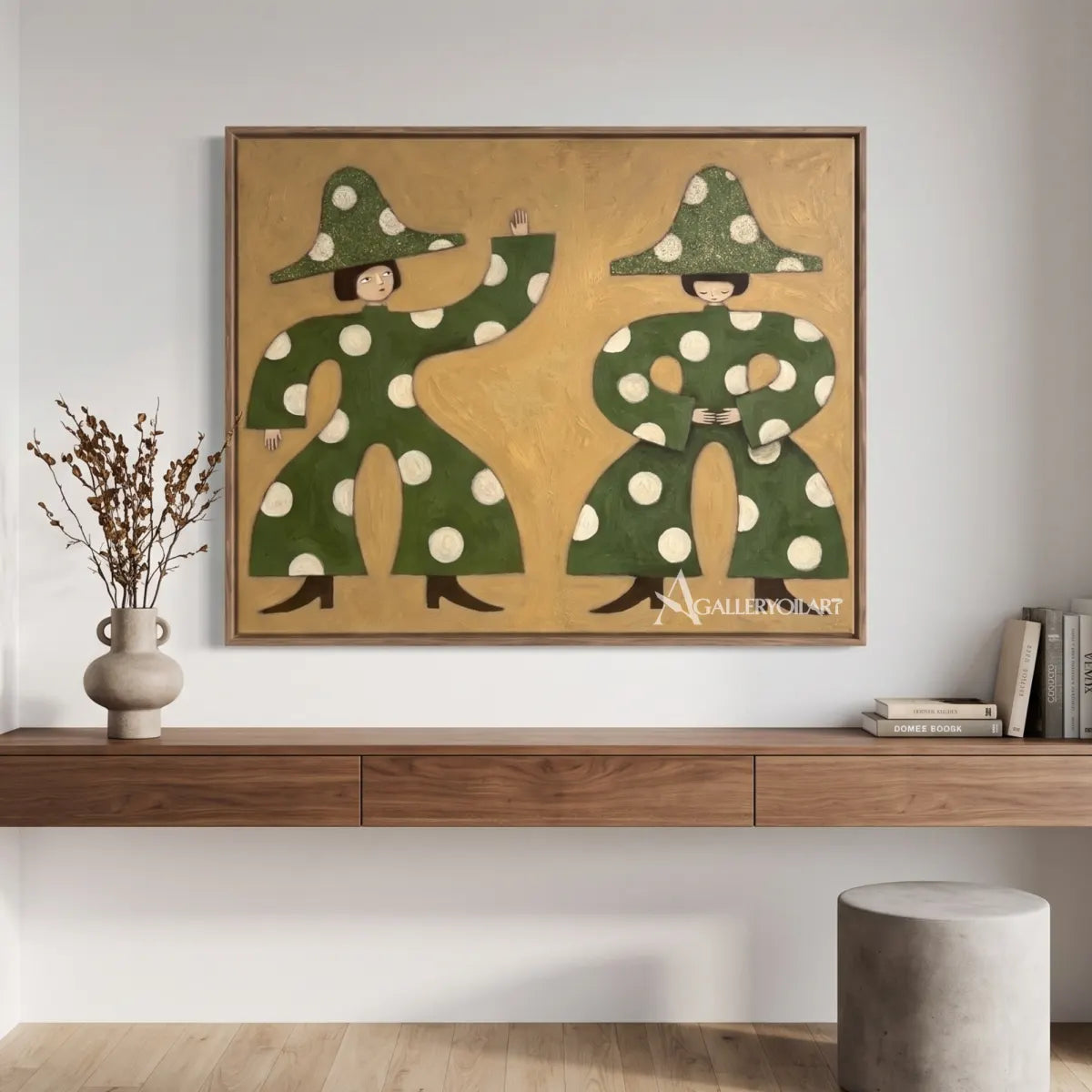 folk-art-pair-above-a-console-in-folk-art-style-with-green-and-ochre-tones