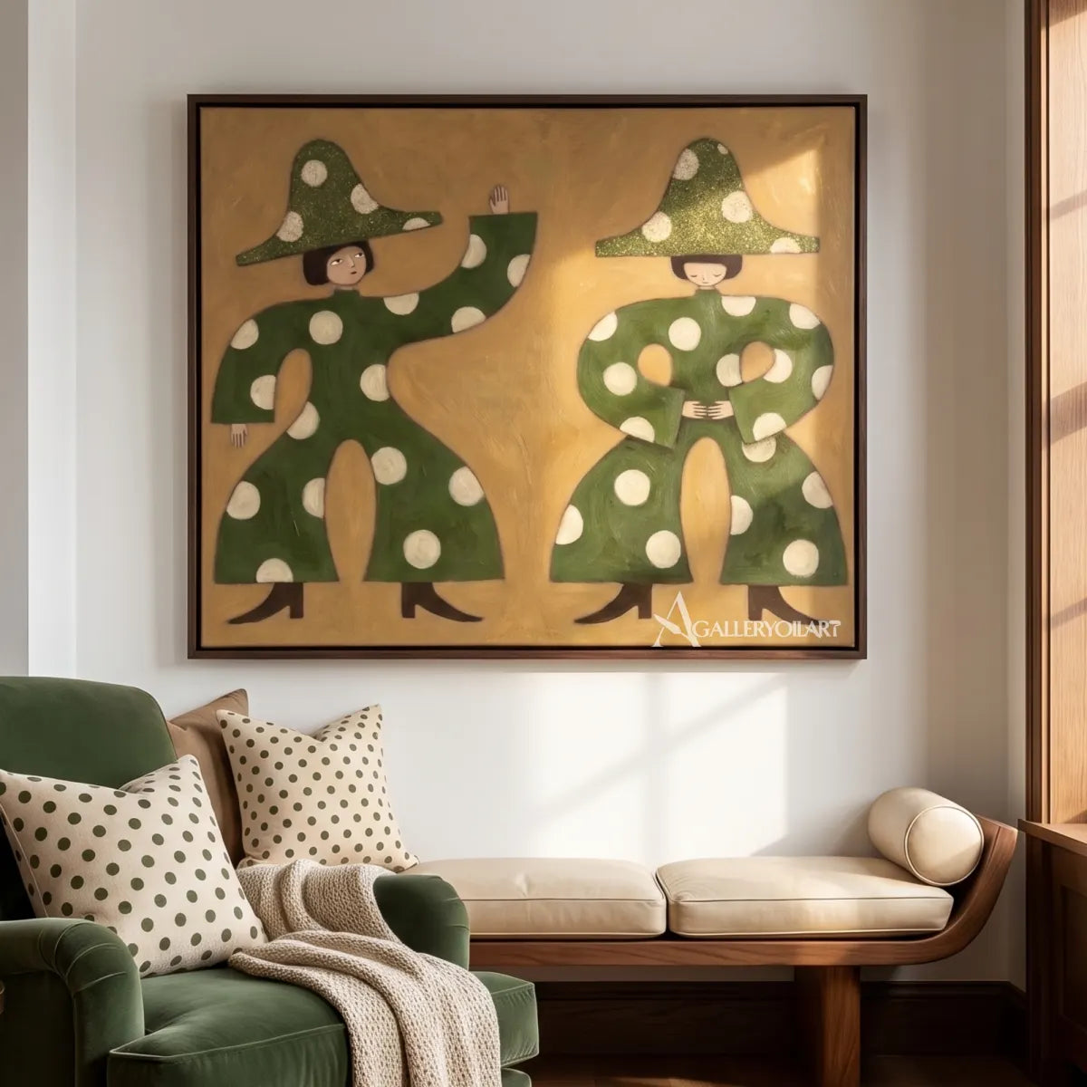 folk-art-pair-above-a-sofa-in-folk-art-style-with-green-and-ochre-tones