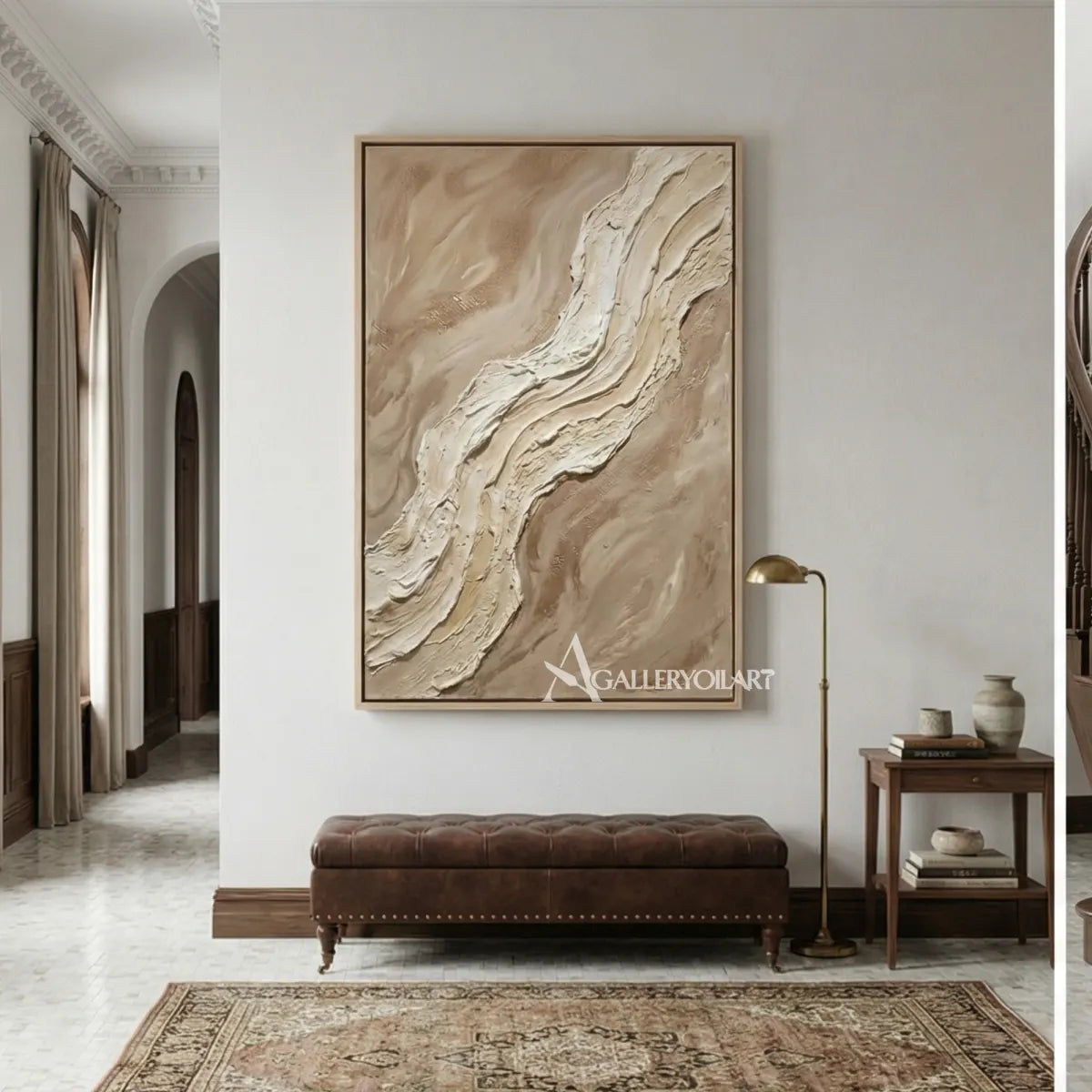 Drifting-pale-veil-textured-3D-beige-wall-art-above-a-dark-upholstered-bench