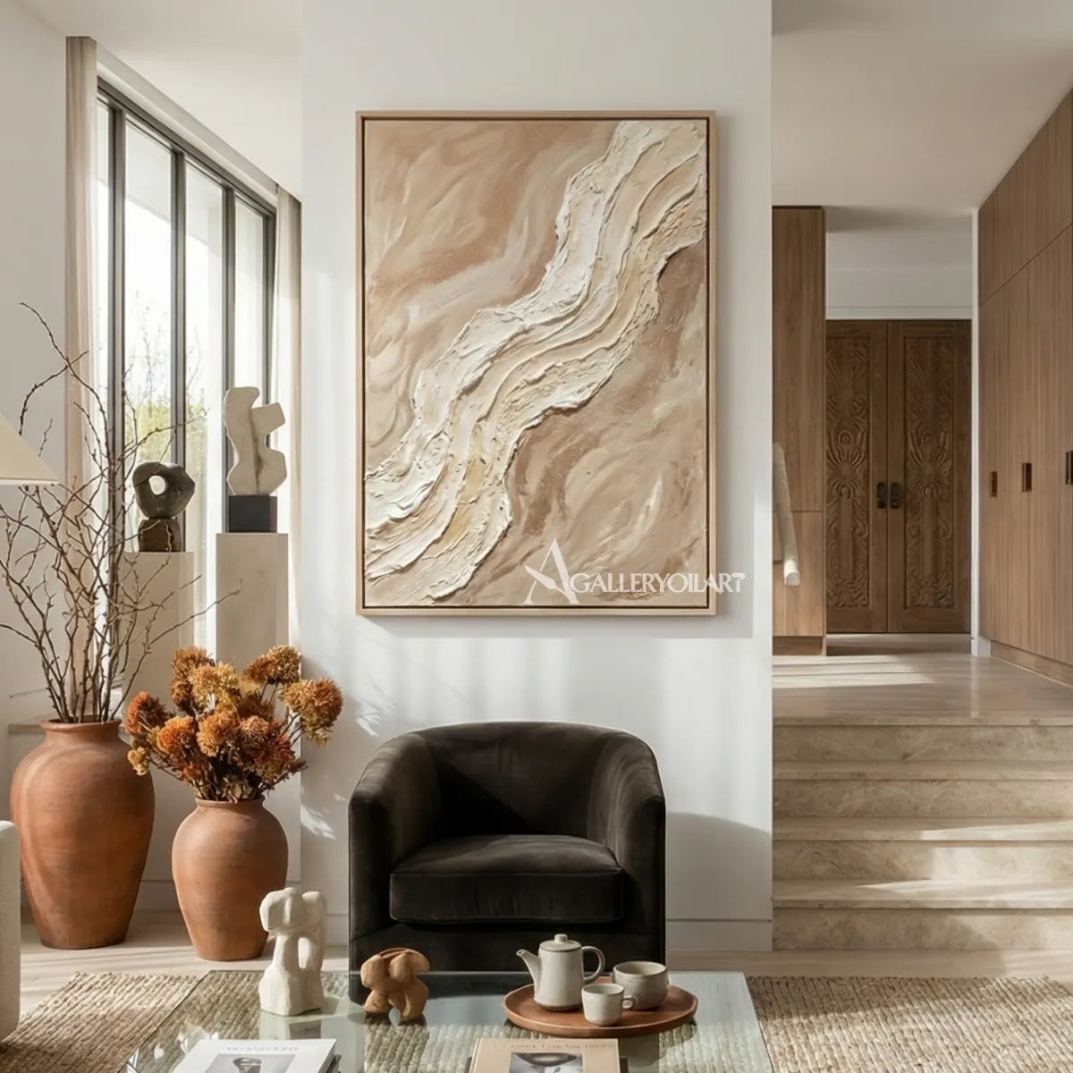 Drifting-pale-veil-textured-3D-beige-wall-art-in-a-sunlit-entryway