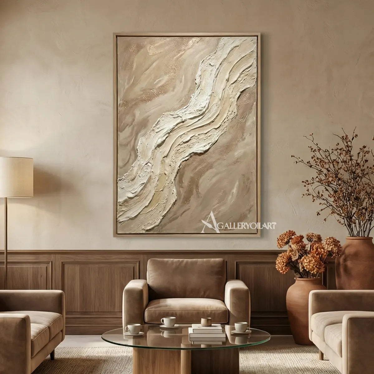 Drifting-pale-veil-textured-3D-beige-wall-art-in-a-warm-wood-lounge