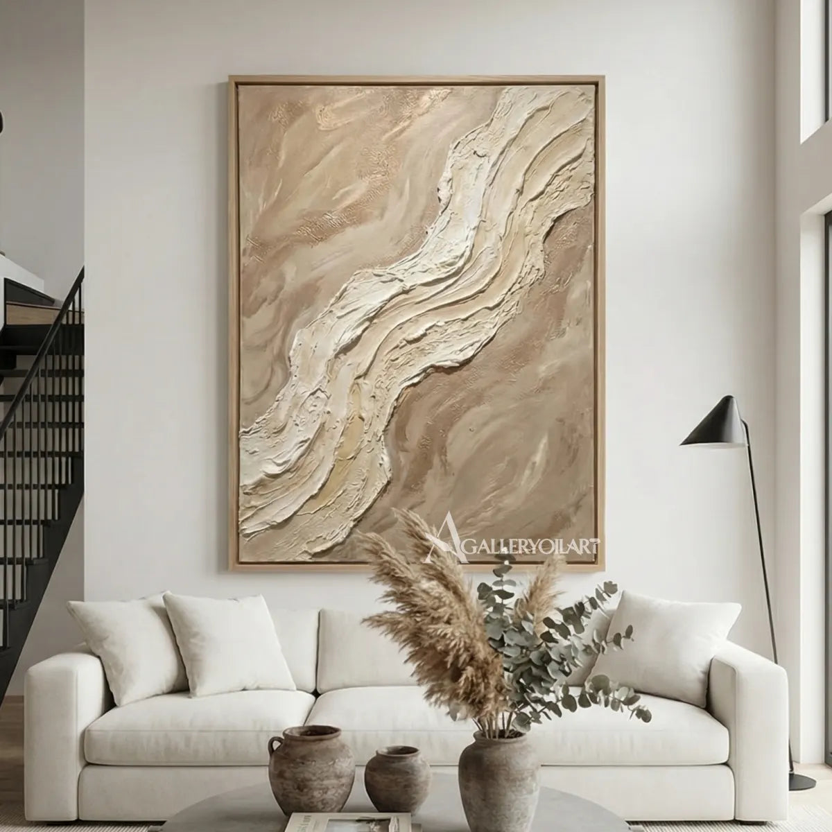 Drifting-pale-veil-textured-3D-beige-wall-art-above-a-white-sofa