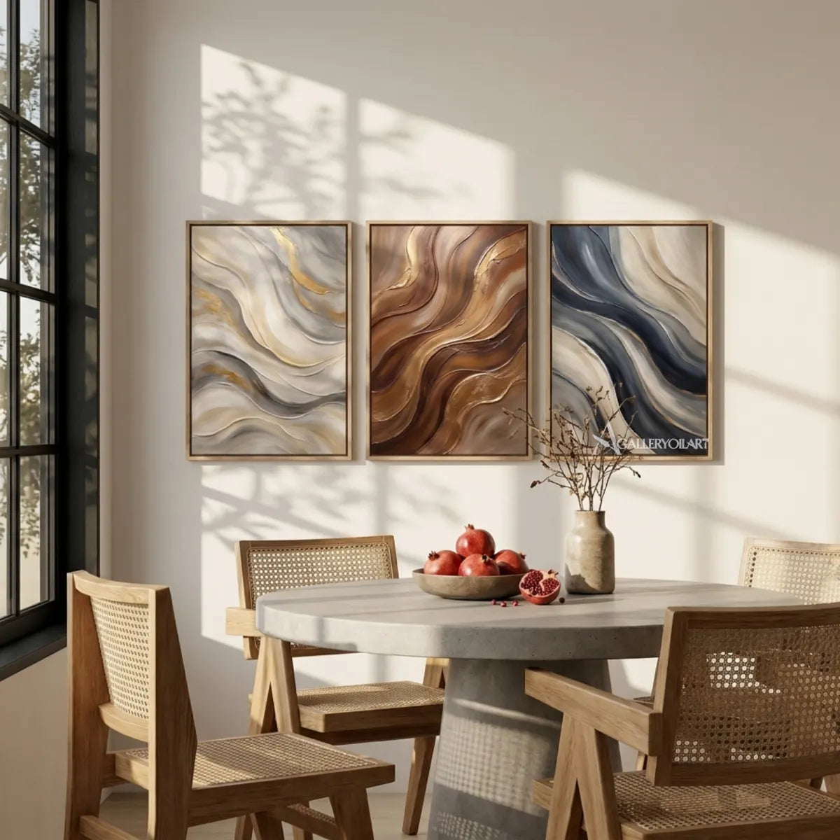 Three-panel-earthen-abstract-currents-in-textured-3d-brown-wall-art-in-dining-room
