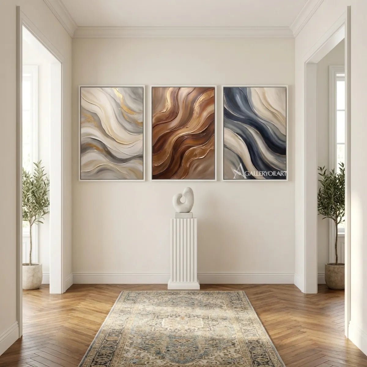 Three-panel-earthen-abstract-currents-in-textured-3d-brown-wall-art-in-hallway