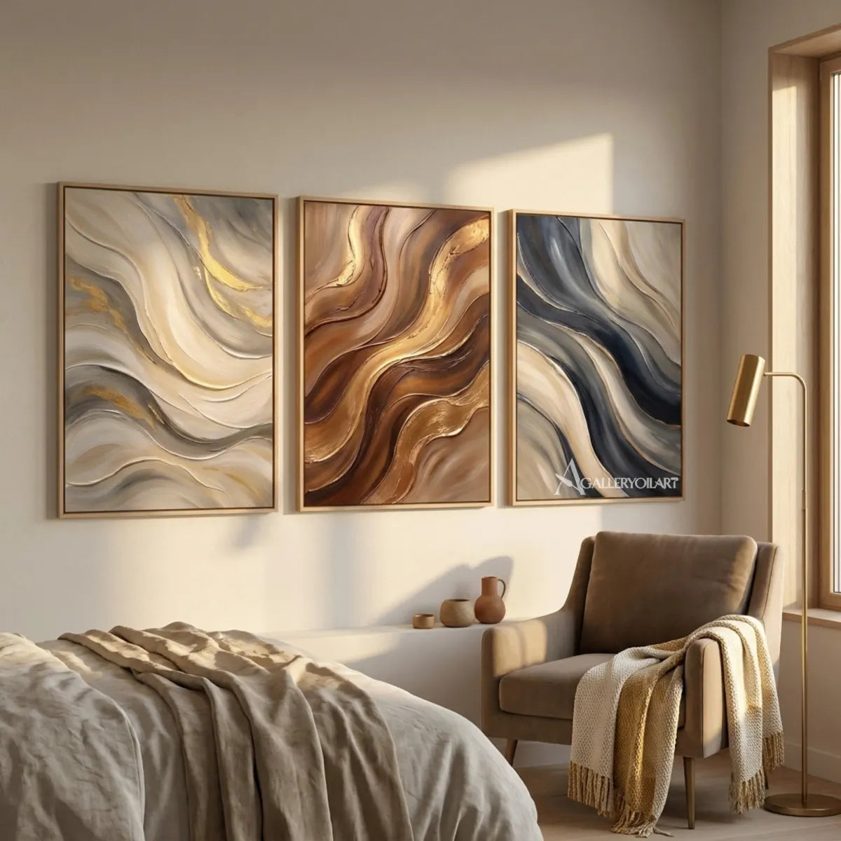 Three-panel-earthen-abstract-currents-in-textured-3d-brown-wall-art-in-luxury-living-room