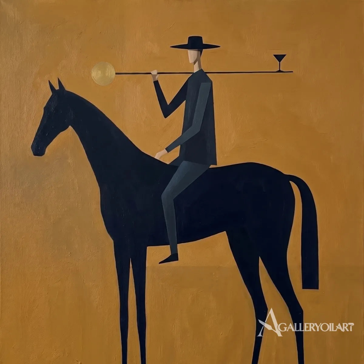 Western Cowboy rider on a dark horse balancing a tray in a warm stylized painting-in-detail
