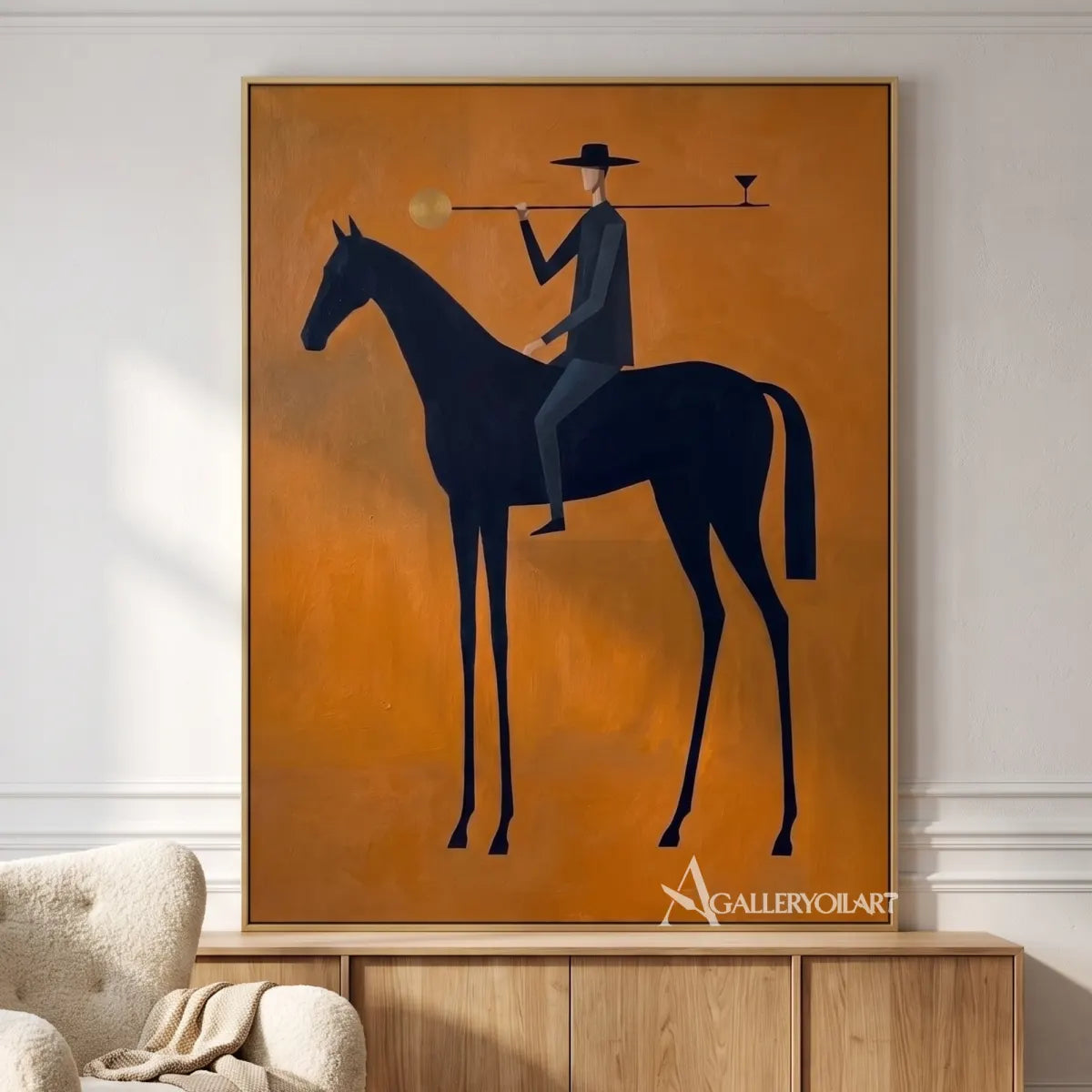 Western Cowboy rider on a dark horse balancing a tray in a warm stylized painting-in-reading-lounge