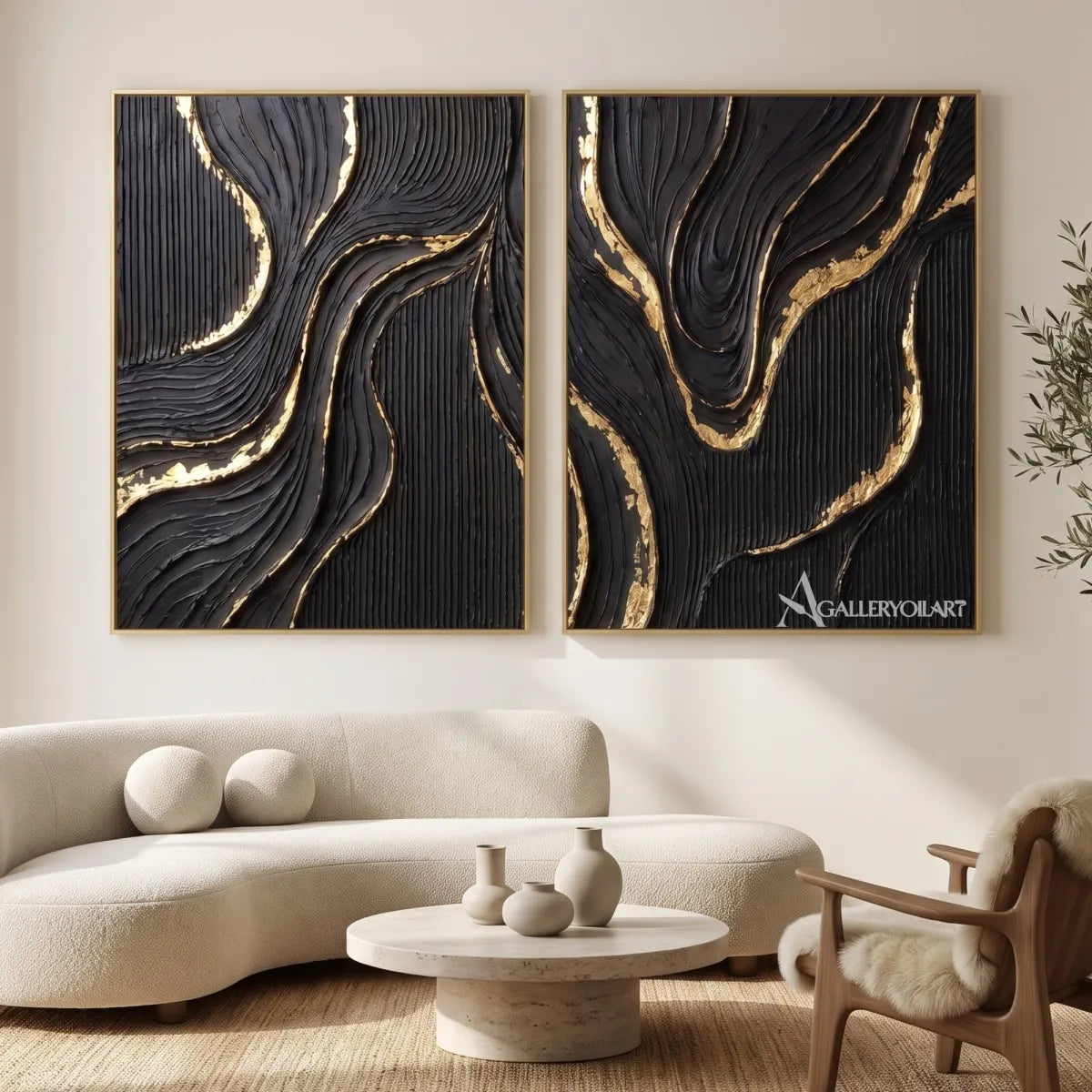 Textured-3D-abstract-etched-ribbons-diptych-in-charcoal-black-and-gold-displayed-in-a-gallery-interior