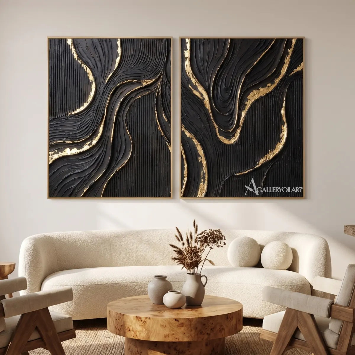 Textured-3D-abstract-etched-ribbons-diptych-in-charcoal-black-and-gold-displayed-in-a-gathering-room