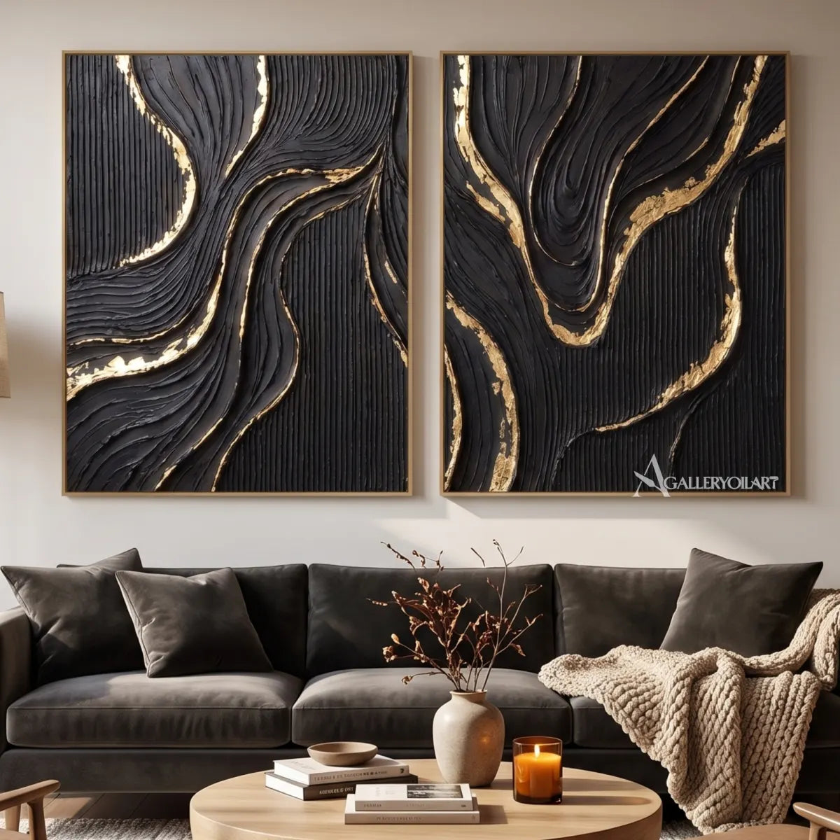 Textured-3D-abstract-etched-ribbons-diptych-in-charcoal-black-and-gold-displayed-in-a-private-lounge