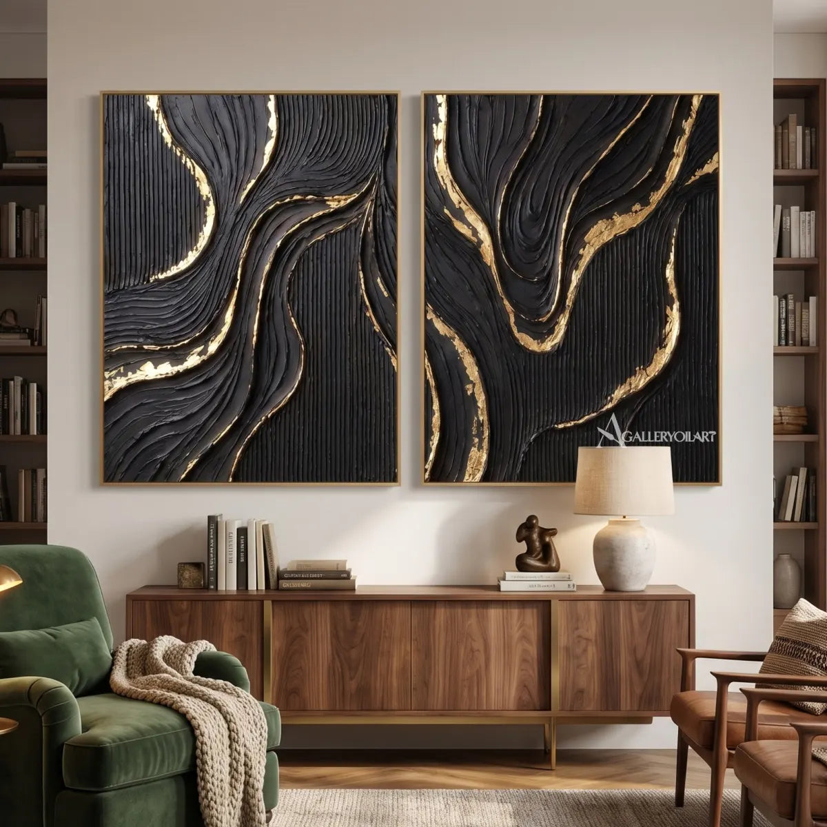 Textured-3D-abstract-etched-ribbons-diptych-in-charcoal-black-and-gold-displayed-in-a-private-reading-room