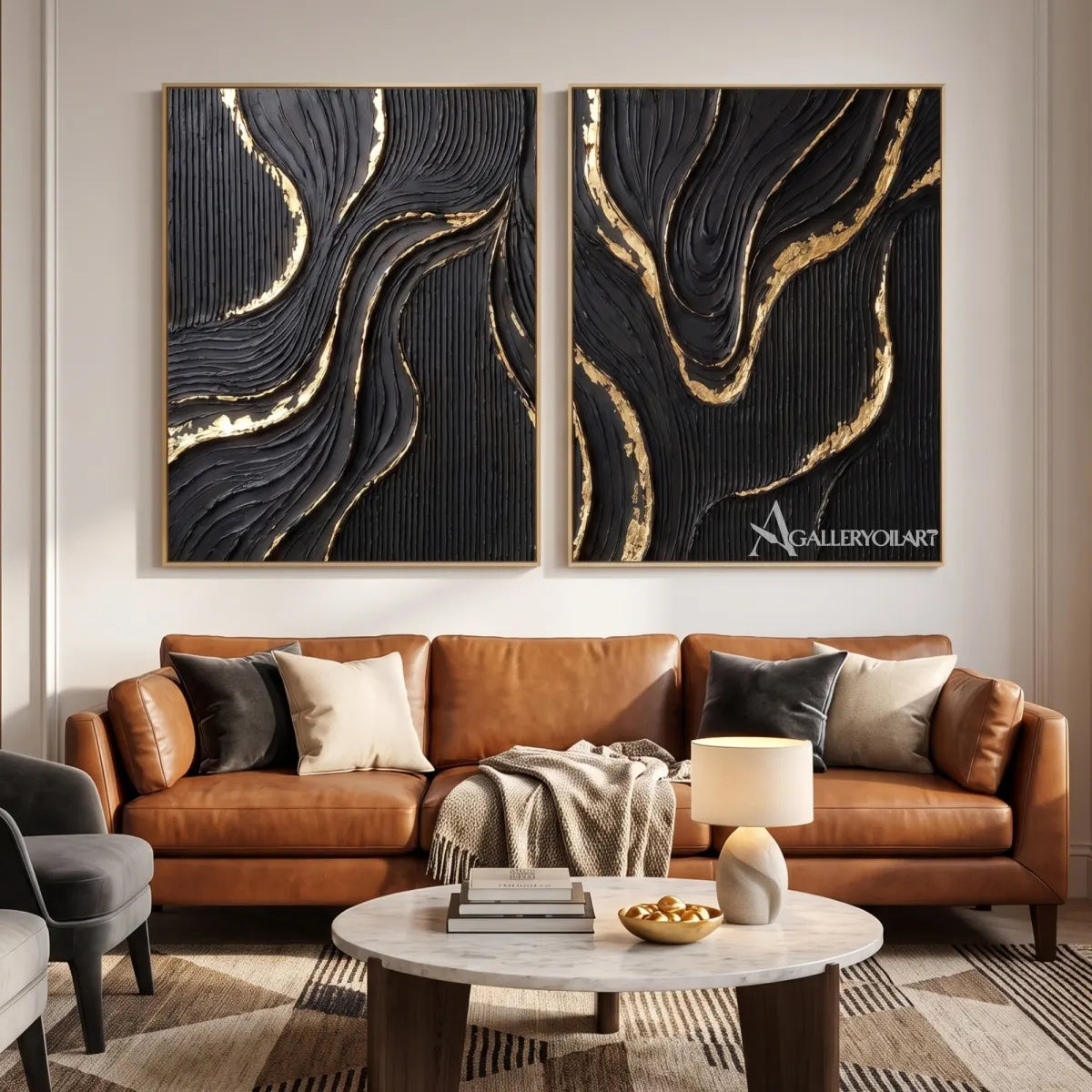 Textured-3D-abstract-etched-ribbons-diptych-in-charcoal-black-and-gold-displayed-in-a-quiet-lounge