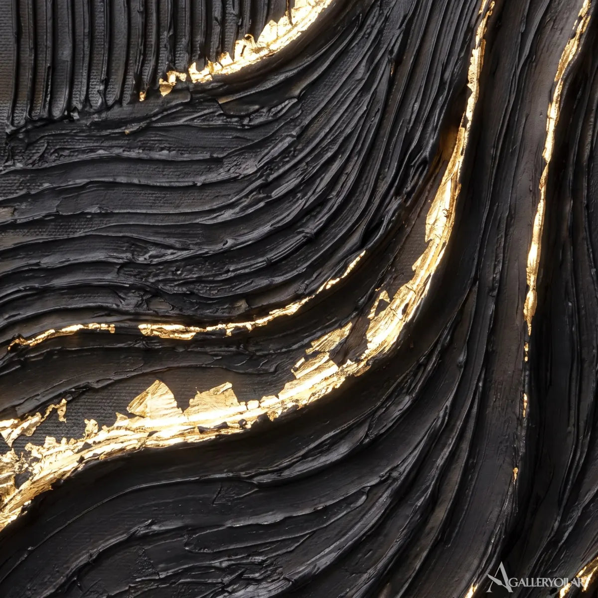 Textured-3D-abstract-etched-ribbons-diptych-in-charcoal-black-and-gold-close-up-of-raised-paint-texture