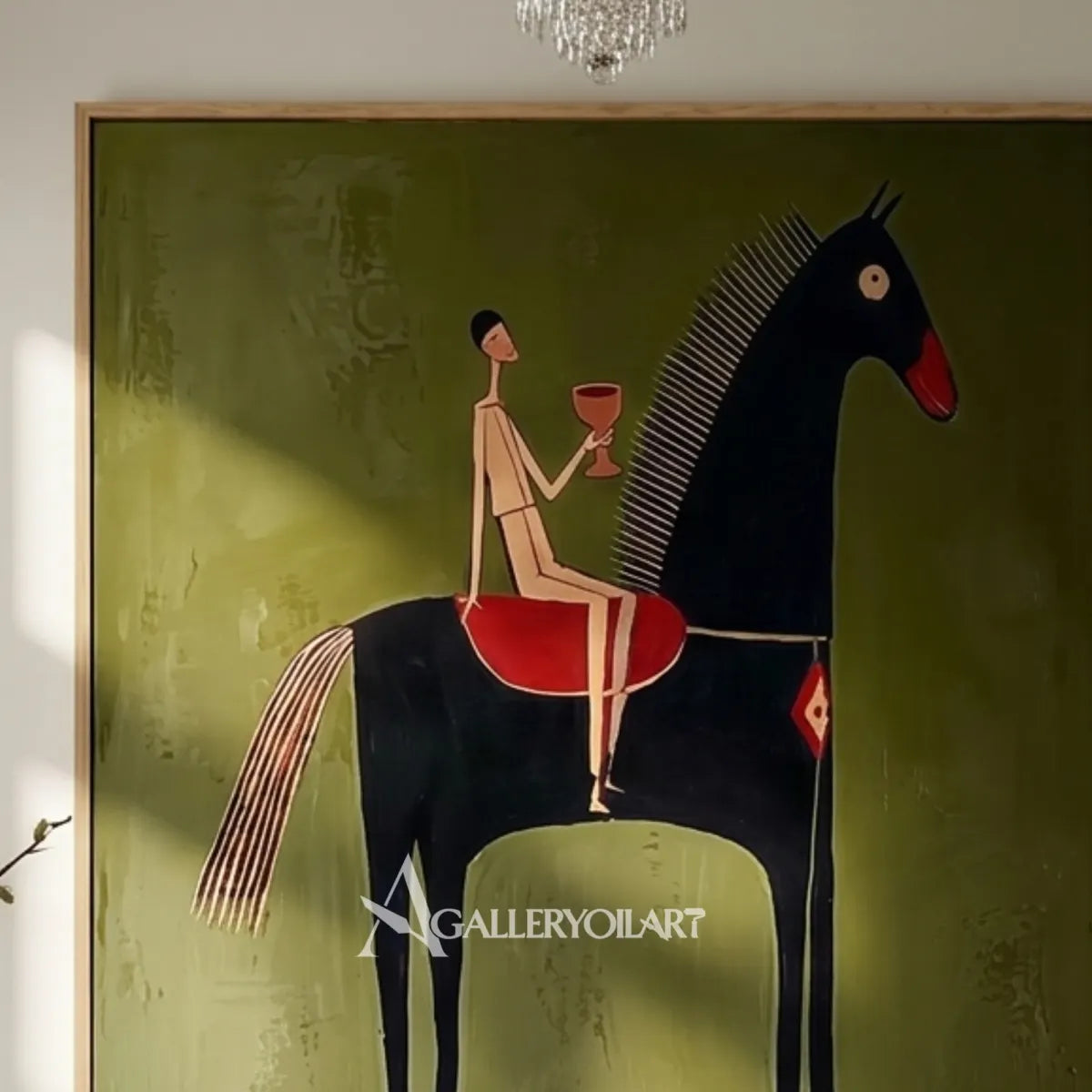 a rider holding a cup on a dark horse in green and ivory western cowboy wall art in a entryway setting