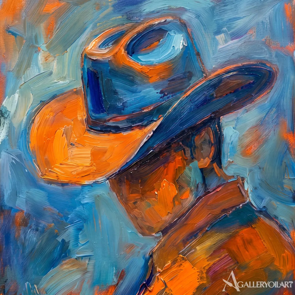 an abstract cowboy portrait in a broad hat-in-western-cowboy-blue-detail
