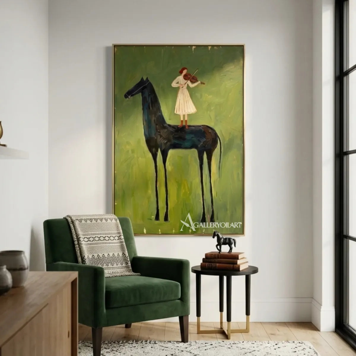 Small-violinist-next-to-a-tall-black-horse-with-loose-brushwork