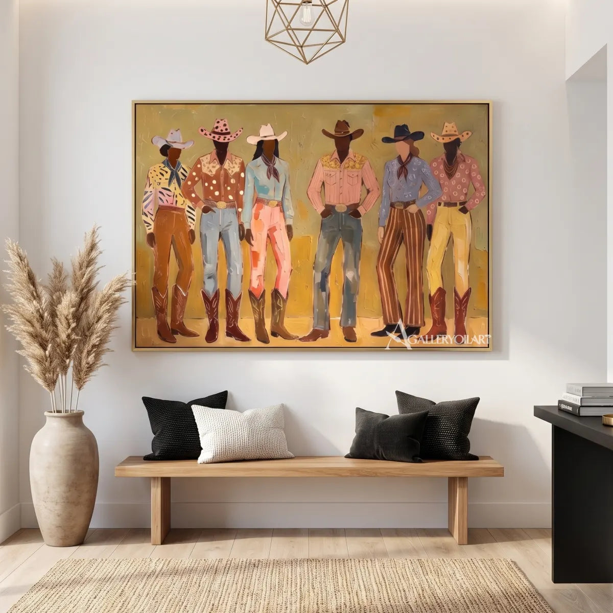 line-of-stylized-figures-portrait-art-olive-green-and-ochre-wall-art-in-a-bright-entryway