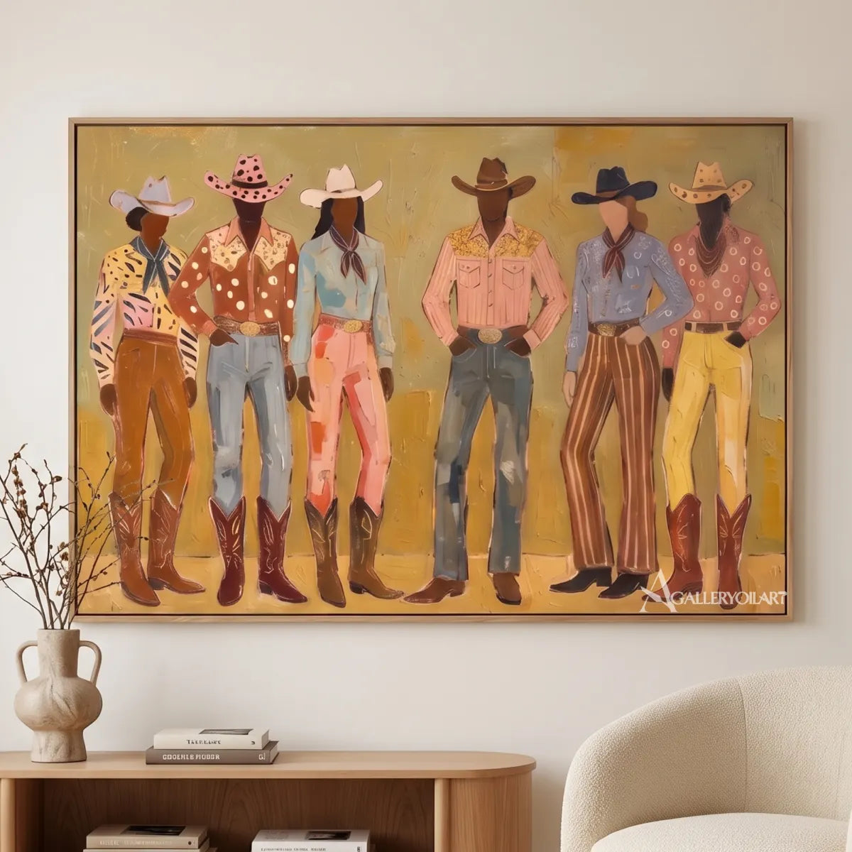 line-of-stylized-figures-portrait-art-olive-green-and-ochre-wall-art-above-a-console-in-a-bright-living-room