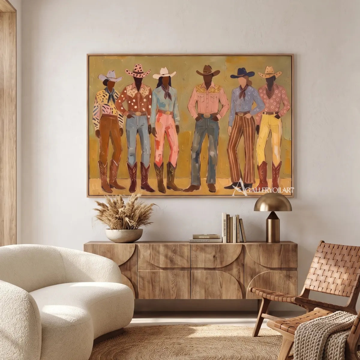 line-of-stylized-figures-portrait-art-olive-green-and-ochre-wall-art-above-a-console-in-a-modern-room