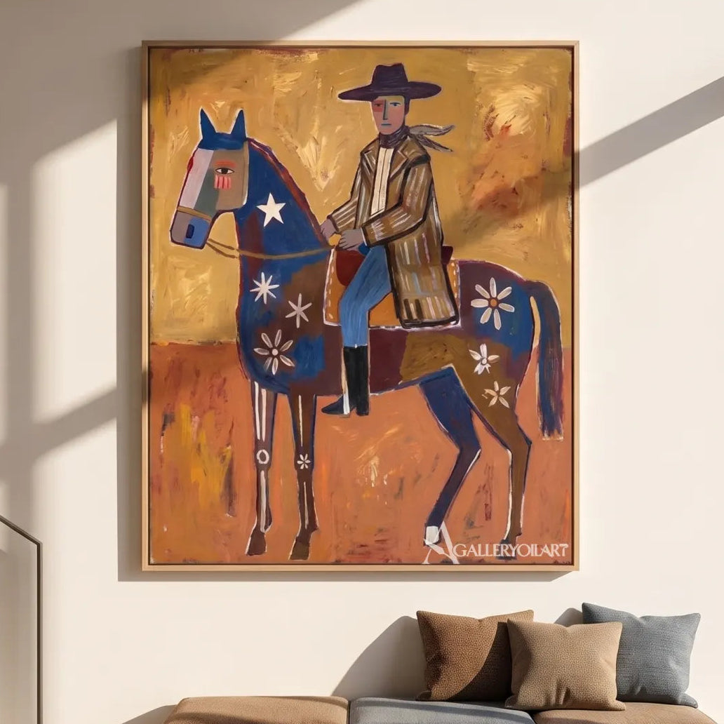 floral horse with rider-western-cowboy-art-orange-wall-art-in-gallery-wall