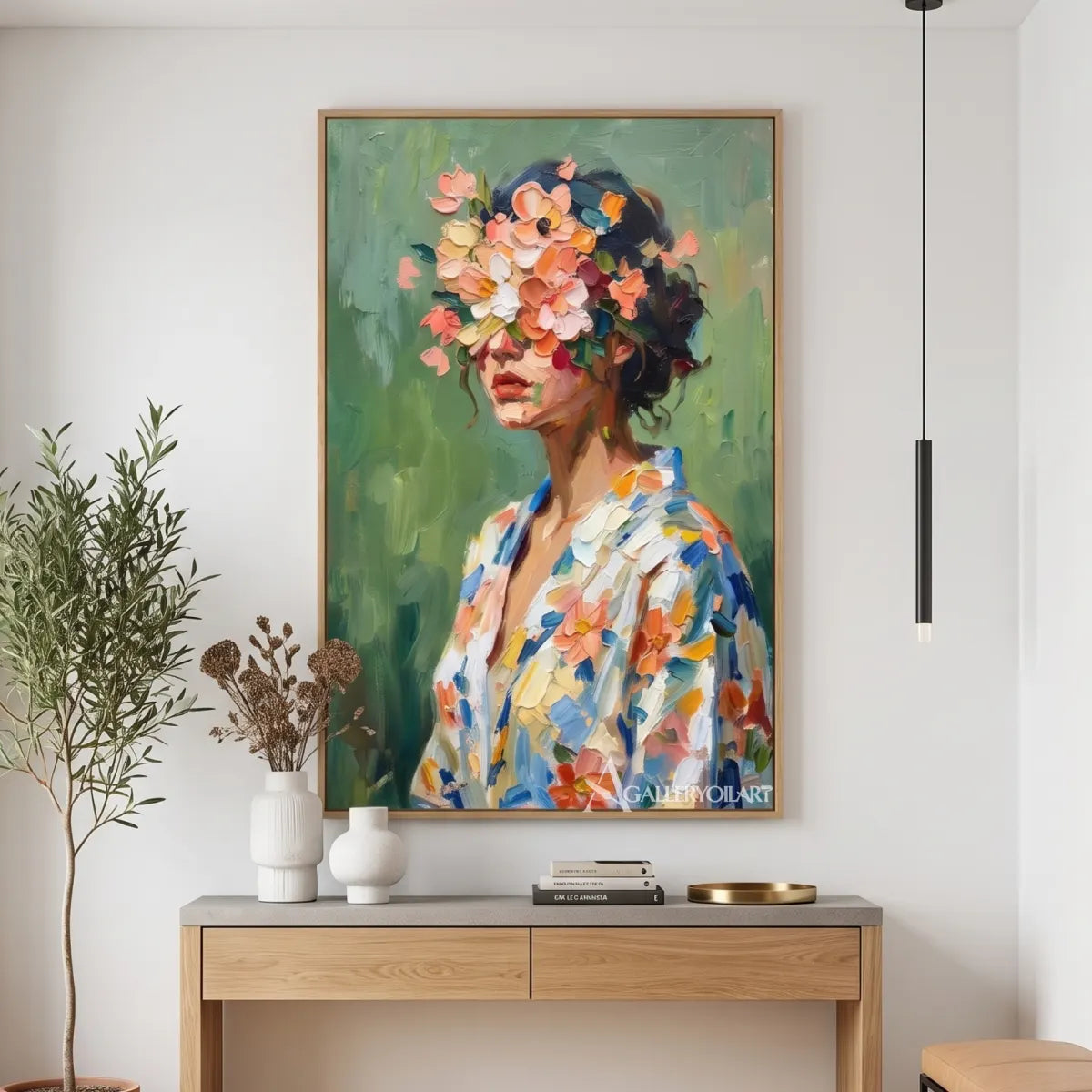 woman-with-flower-crown-portrait-art-green-and-coral-wall-art-in-a-bright-entryway