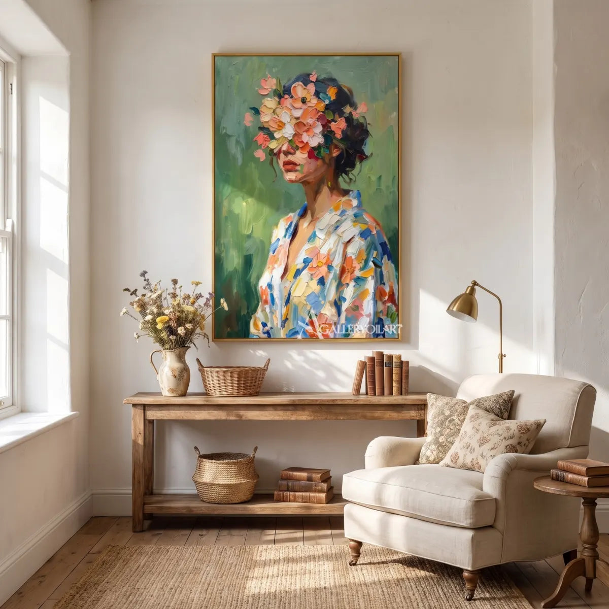 woman-with-flower-crown-portrait-art-green-and-coral-wall-art-above-a-sofa-in-a-neutral-living-room