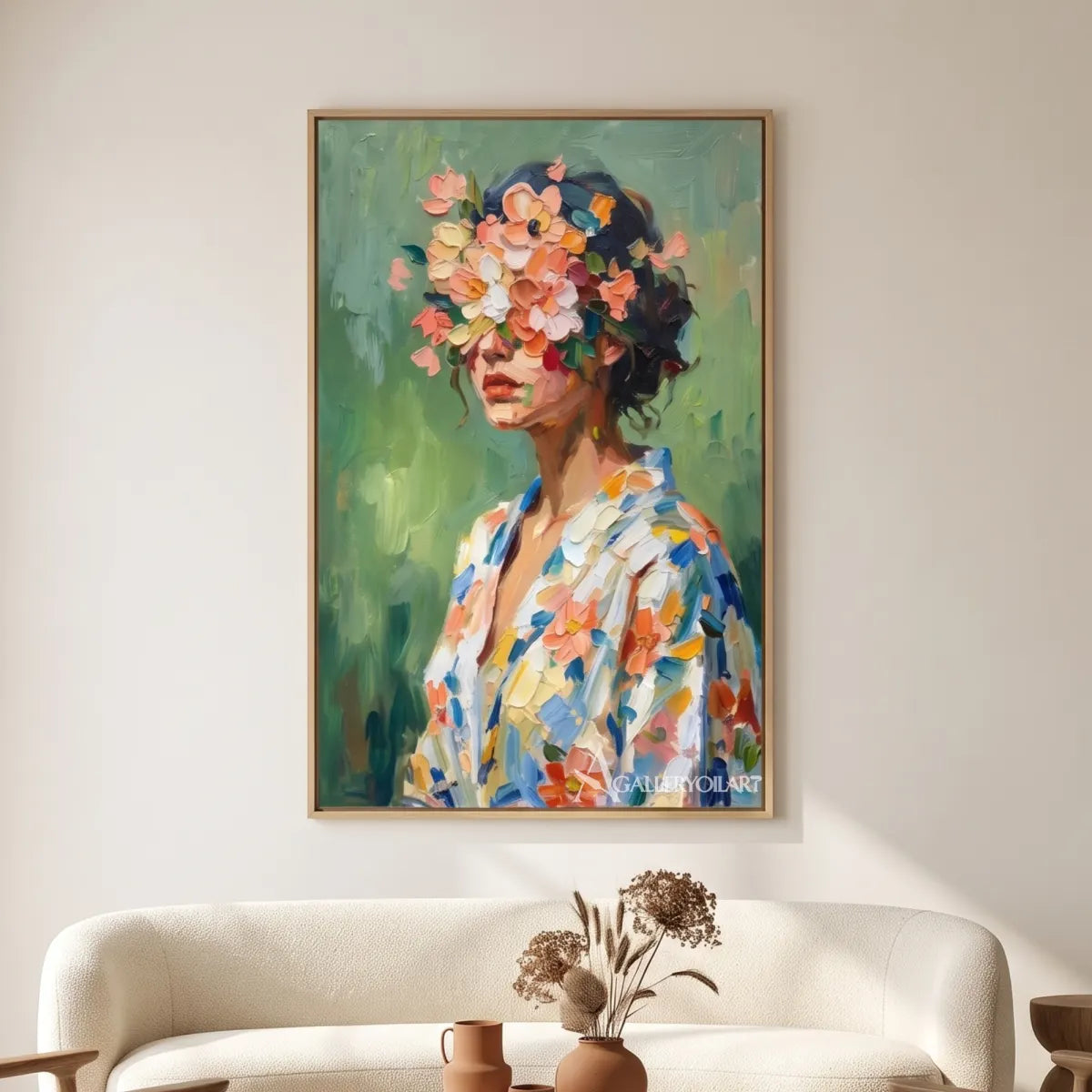 woman-with-flower-crown-portrait-art-green-and-coral-wall-art-above-a-sofa-in-a-softly-lit-living-room