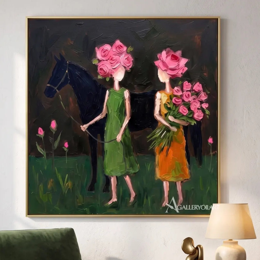 two-women-carrying-flowers-portrait-art-deep-green-and-pink-wall-art-in-a-warm-living-room