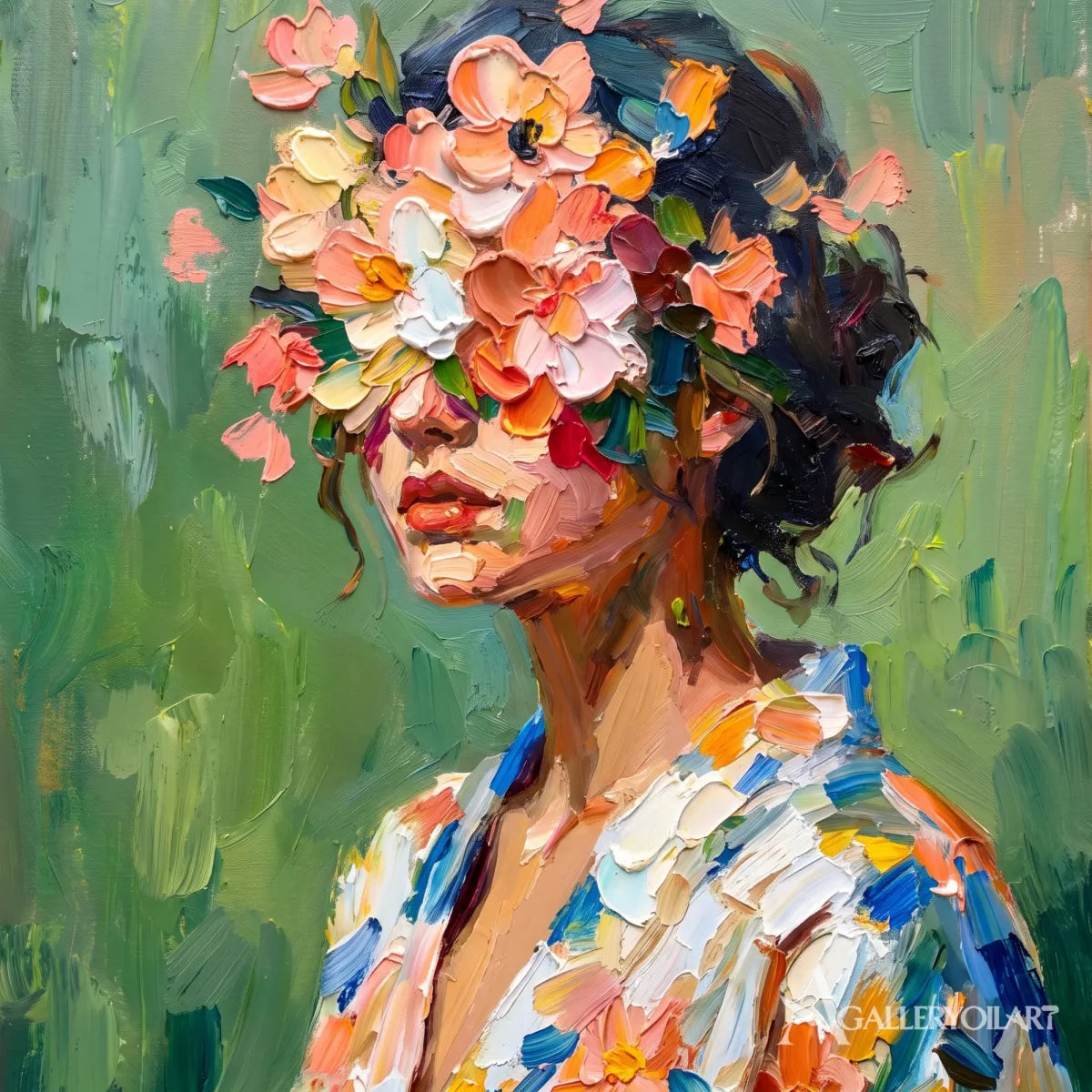 close-up-of-a-woman-with-flower-crown-portrait-art-green-and-coral-brushstrokes