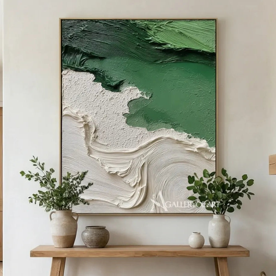 Textured-3D-flowing-abstract-green-and-white-wall-art-above-a-console