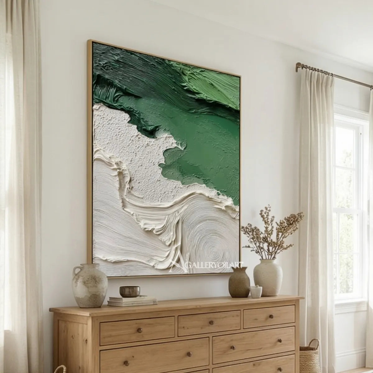 Textured-3D-flowing-abstract-green-and-white-wall-art-above-a-fireplace
