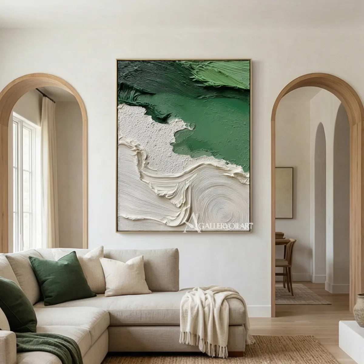 Textured-3D-flowing-abstract-green-and-white-wall-art-in-a-stairway