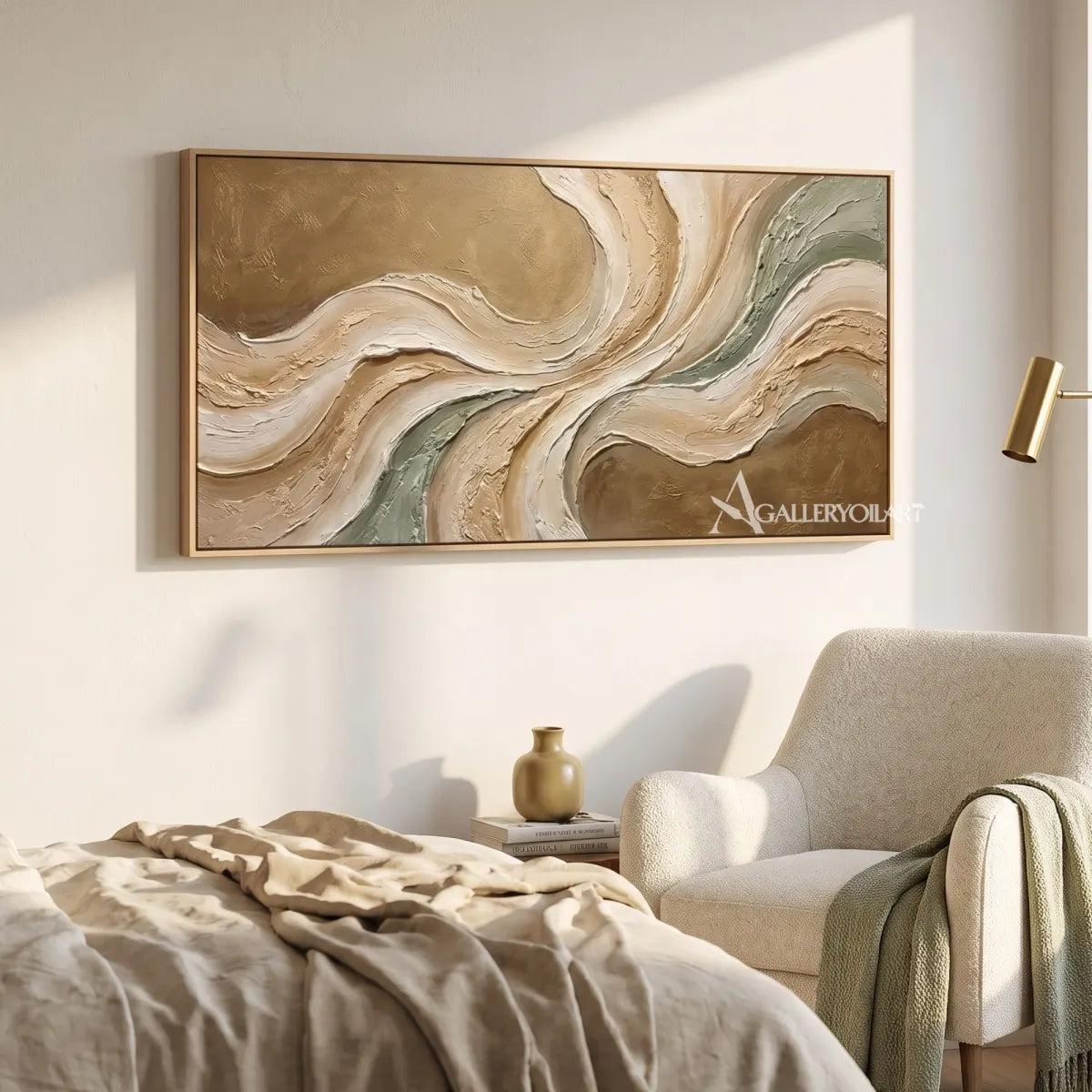Textured 3D flowing centered motion in beige and sage relief in a bedroom reading nook