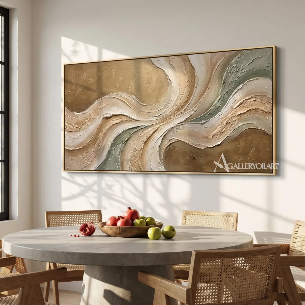 Textured 3D flowing centered motion in beige and sage relief in a dining room