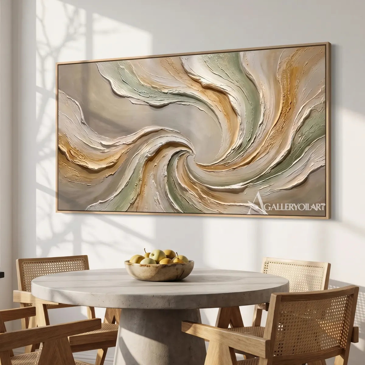 Textured 3D flowing centered motion in beige and sage relief in a dining room