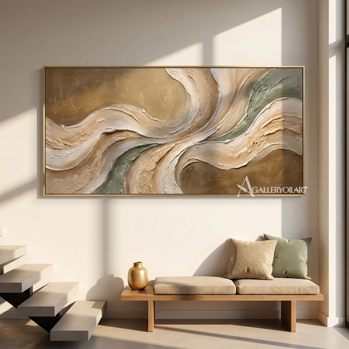 Textured 3D flowing centered motion in beige and sage relief in a gallery wall